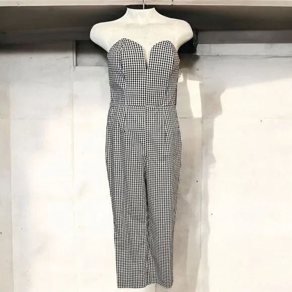 Amanda Uprichard Cherri Jane Jumpsuit Strapless Belted Black Gingham Large NWT - Picture 2 of 12